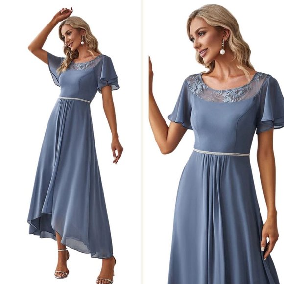 NWT Ever Pretty Hi Lo Chiffon Midi Dress sz L Illusion Lace Top Rhinestone Blue - Picture 1 of 11